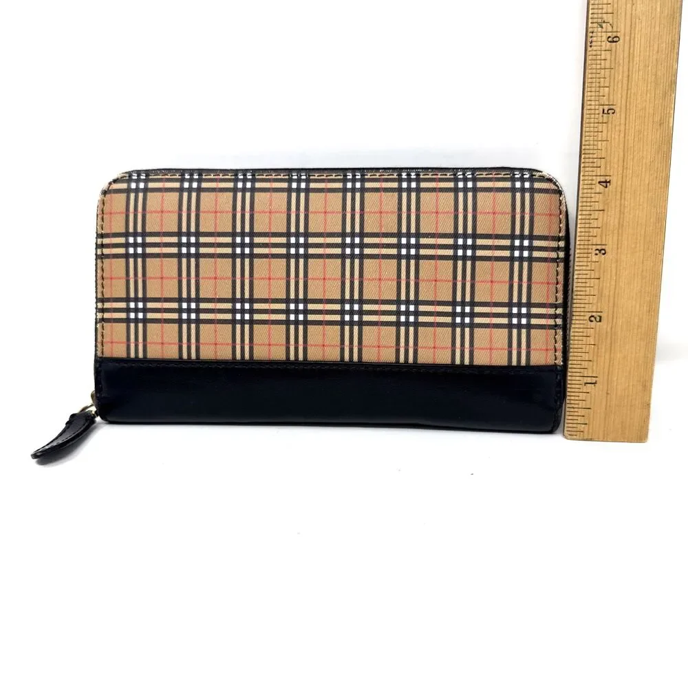 VTG Burberry Zip Around Wallet Clutch Black Leather House Check Canvas Preppy